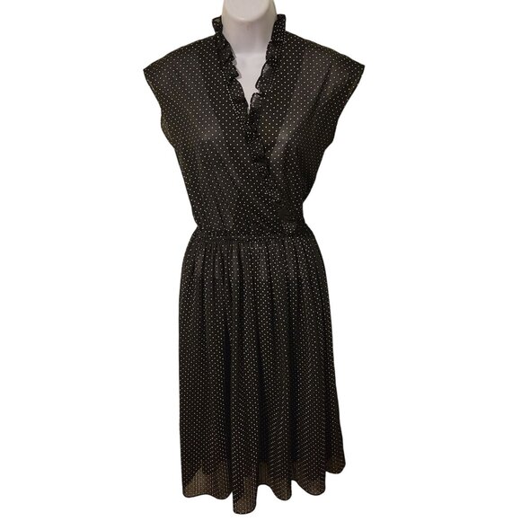 Melissa Lane 6 Black White Polka Dot Midi Dress Semi Sheer Sleeveless V Neck - Picture 1 of 6